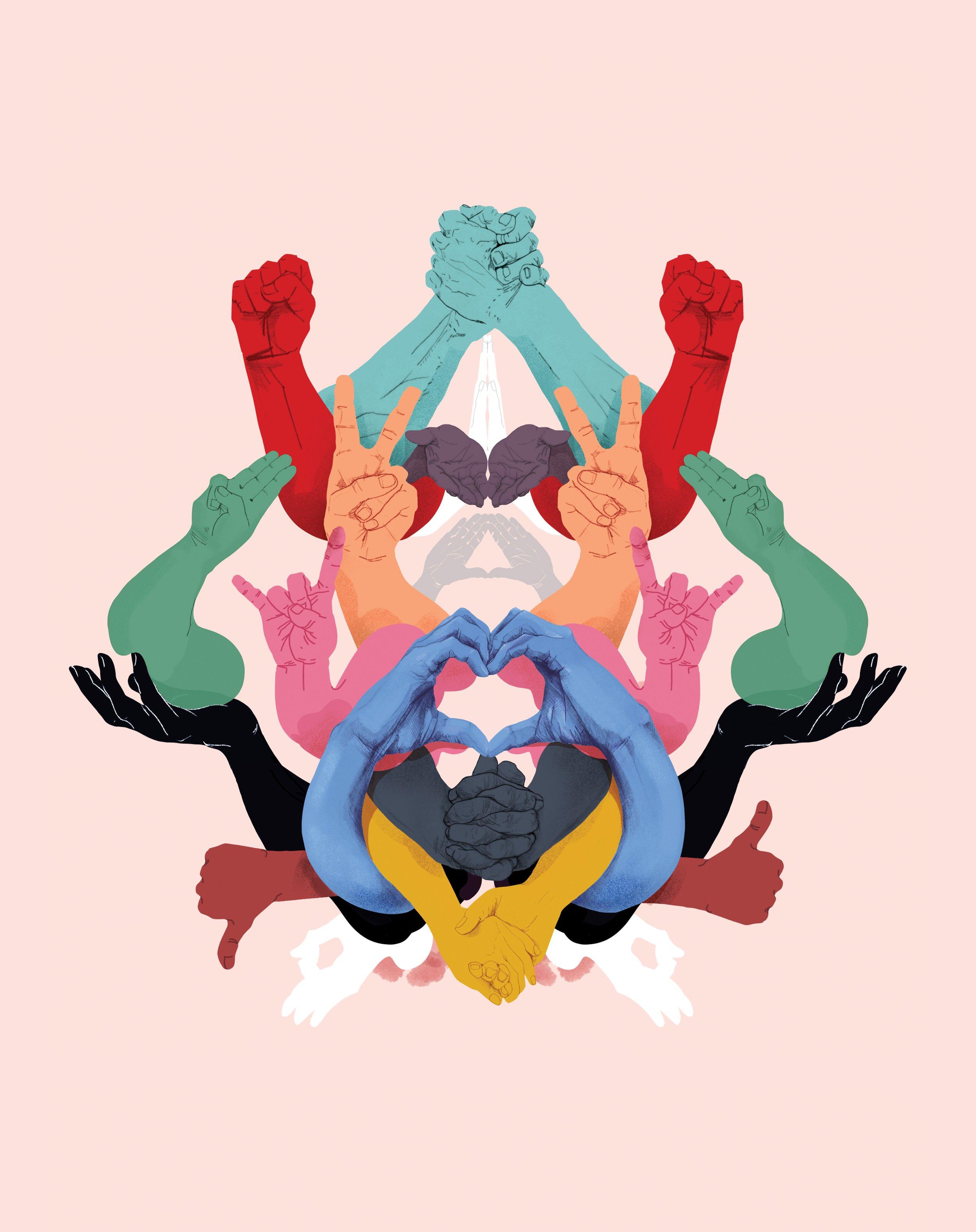 Bilde av trykket Fellesskapene. Tegning av hender og armer i ulike farger som glir inn i hverandre og viser ulike håndtegn som hjerte, fredstegn og foldede hender.